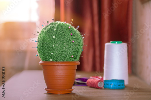 Cactus as a handmade needle bed on table with space under the text. Sewing accessories, colored spools of thread