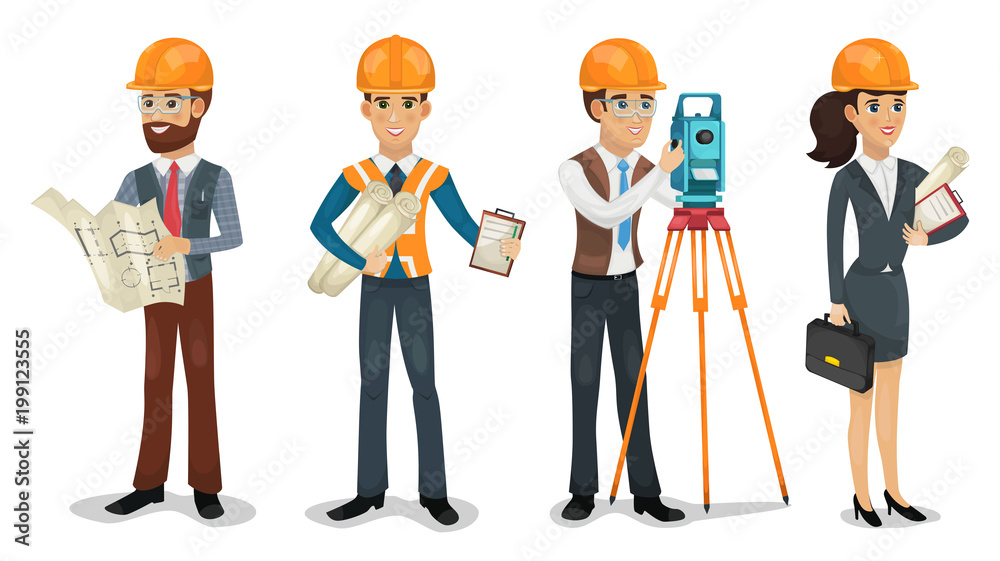 Set of cartoon characters. Civil engineer, surveyor, architect and construction workers isolated vector illustration. Stock Vector | Adobe Stock Set of cartoon characters. Civil engineer, surveyor, architect and construction workers isolated vector illustration. Stock Vector | Adobe Stock