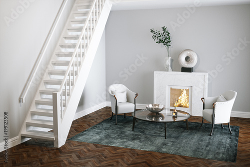 Marble fireplace in white living room with wood floor 3d render