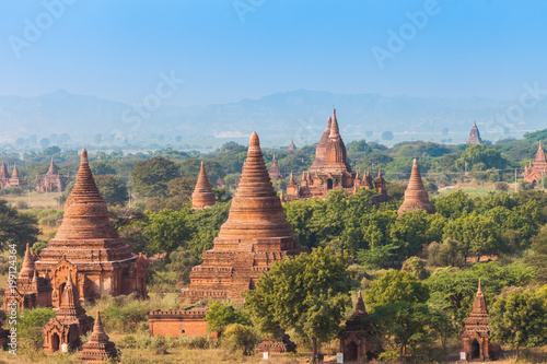 Myanmar. View from top to amazing landscape of old Bagan temples at archaelogical zone.