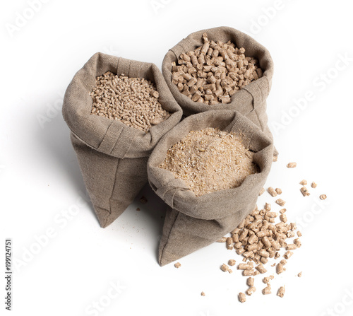 Feed for livestock. Different kinds of granules. Three pouches
