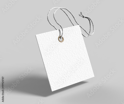 Blank tag tied with string. Price tag, gift tag, sale tag, address label isolated on grey background. 3d render illustration photo