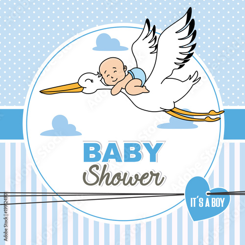 baby shower card.baby flying on top of a stork