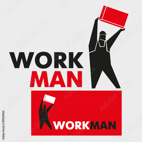 Logo working man holding a box. Vector graphics. Theme of construction, mechanics, labor