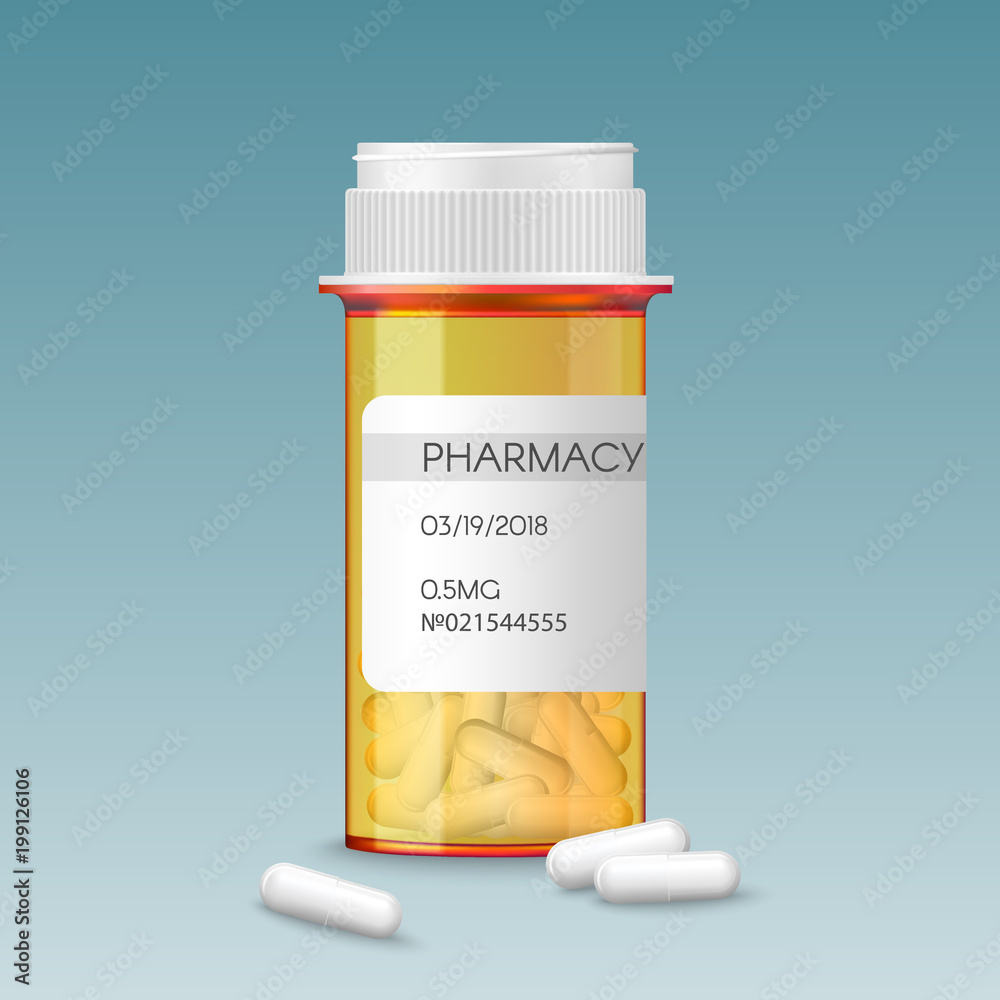 Realistic vector medical orange pills bottle with a blank label
