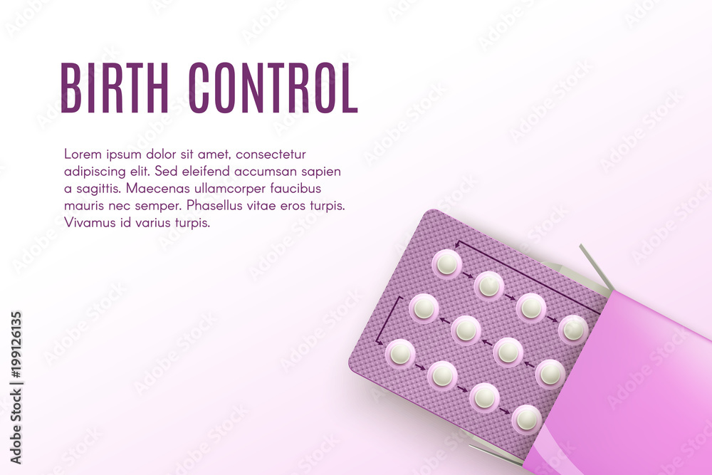 Contraceptive birth control ads template mockup banner. Realistic vector female oral contraceptive pills blister with clipping path on white background. Contraceptive birth control ads template mockup banner. Realistic vector female oral contraceptive pills blister with clipping path on white background.