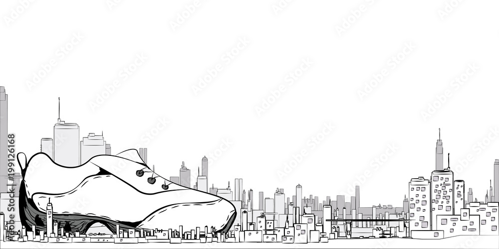 Illustration of a city with sneakers for the background, white, vector EPS10