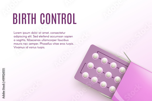 Contraceptive birth control ads template mockup banner. Realistic vector female oral contraceptive pills blister with clipping path on white background.