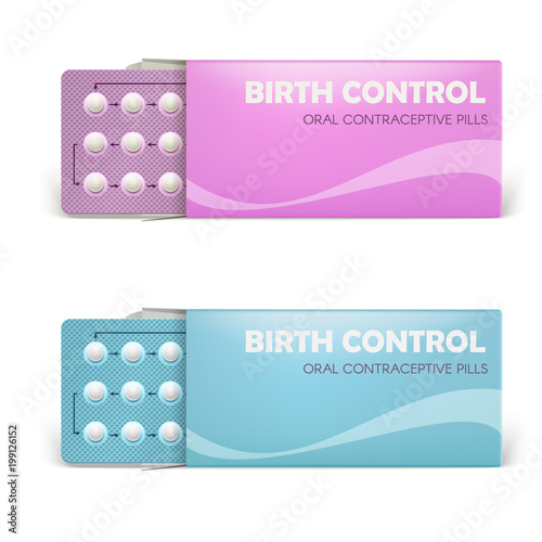 Realistic vector female oral contraceptive pills blister with clipping path and opened packing on white background. Women contraceptive hormonal birth control pills. Planning pregnancy concept.