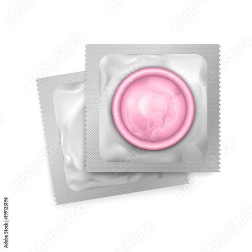 Realistic vector pink latex condoms in close up packing on white background. Contraceptive birth control and safe sex method.
