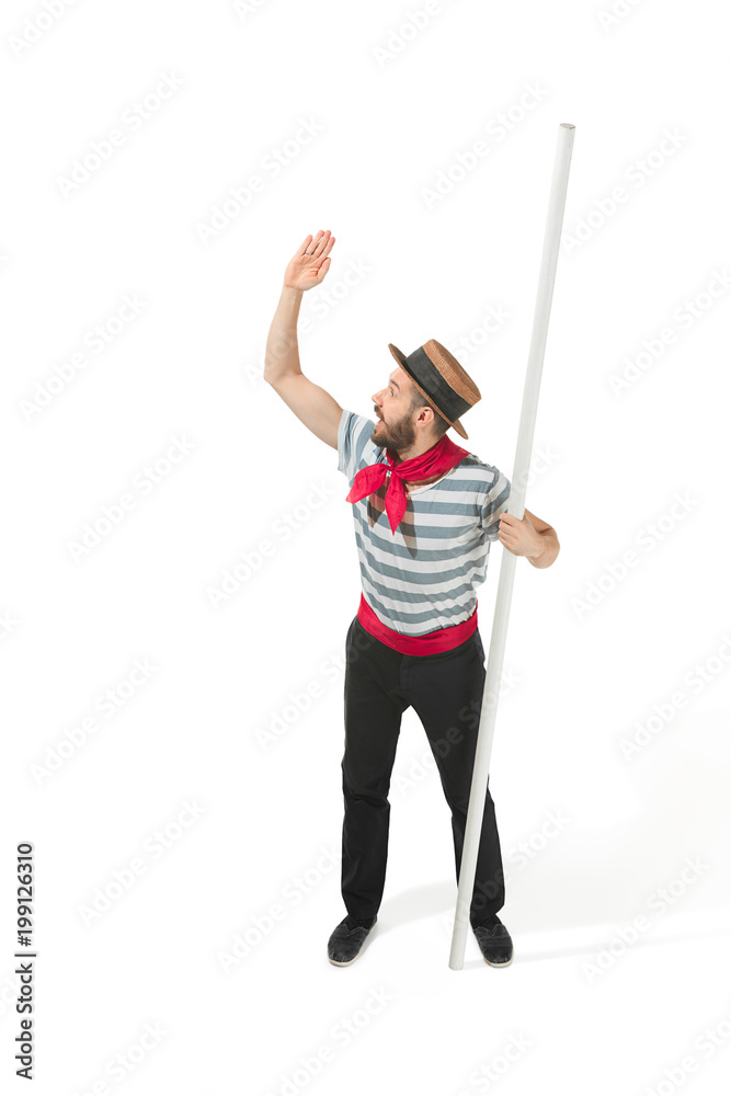 Caucasian man in traditional gondolier costume and hat