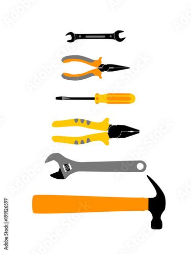 Home repair and house renovation banner template with construction work tools. Hand instrument: hammer, screwdriver, spanner, wrench, pliers, vector