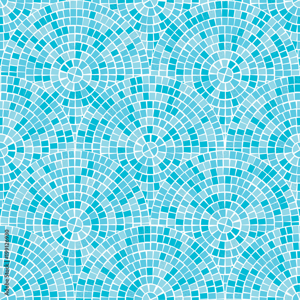 Blue abstract mosaic seamless pattern. Fragments of a circle laid out from tiles trencadis. Vector background.