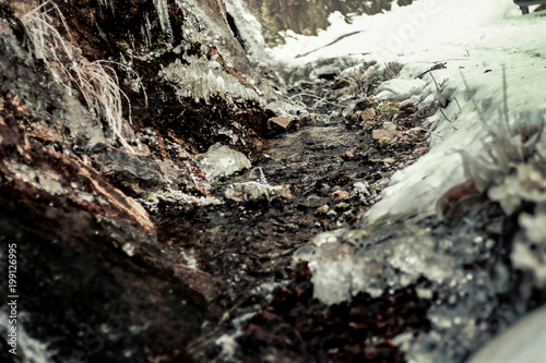 creek, ice and snow in winterscape