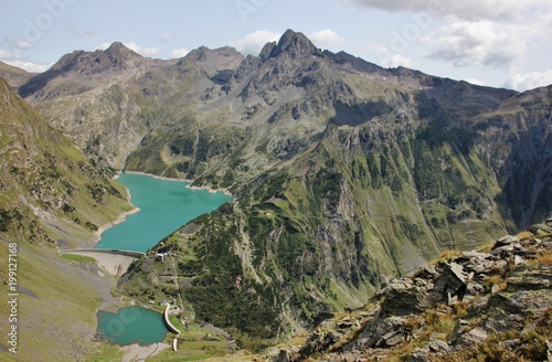 Aerial view of Barbellino artificial lake, Orobie Alps, Lombardy, Italy