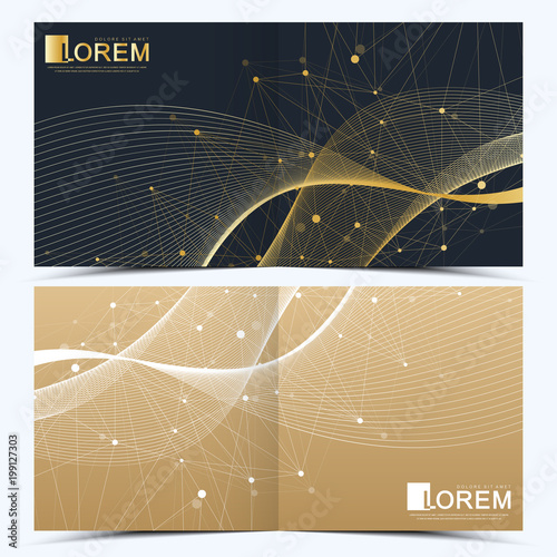 Modern vector template for square brochure, leaflet, flyer, cover, catalog, magazine or annual report . Business, science and technology design book layout. Presentation with golden waves.