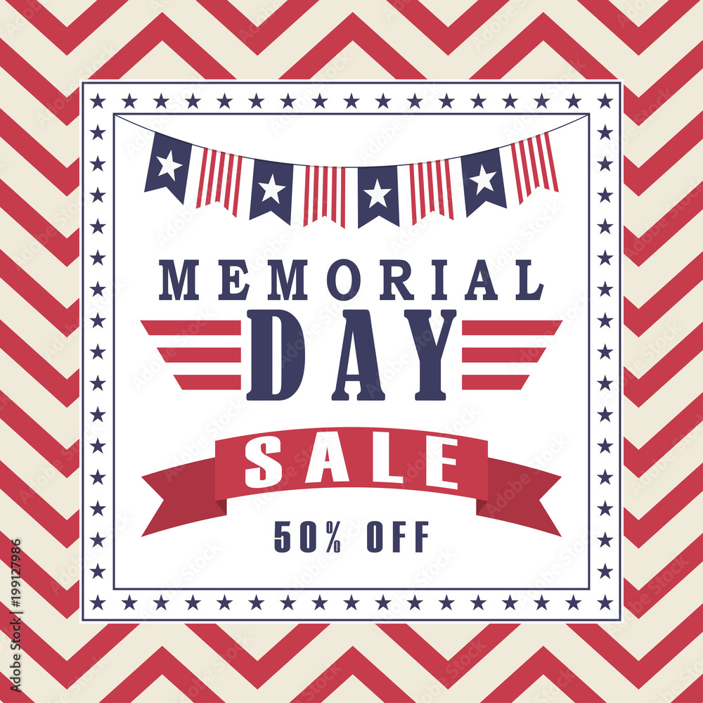 Vector Memorial Day sale background with stars, ribbon and lettering. Template for Memorial Day.