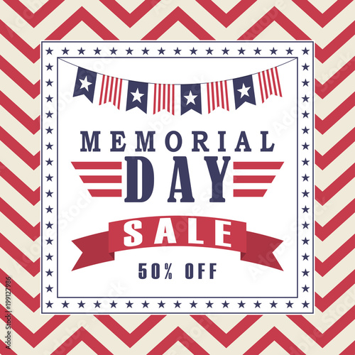 Vector Memorial Day sale background with stars  ribbon and lettering. Template for Memorial Day.