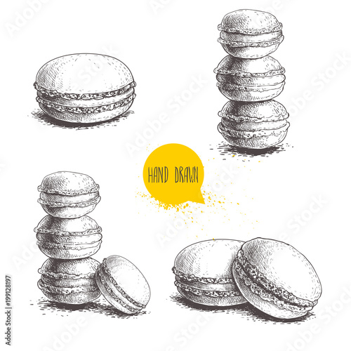 Hand drawn sketch style french pastry macarons set. Collection of sweet goods for menu design, restaurants and shops. Vector illustrations isolated on white background.