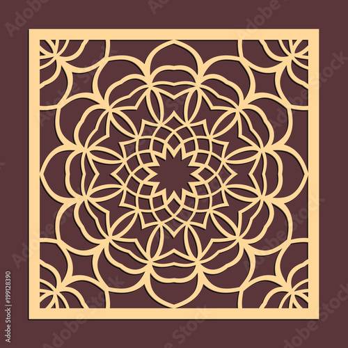 Laser cutting panel. Golden floral pattern. Gift or favor box silhouette ornament. Vector coaster design for metal, wood, paper work.