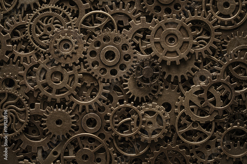 Brass cog wheels, steampunk background, texture with copy space