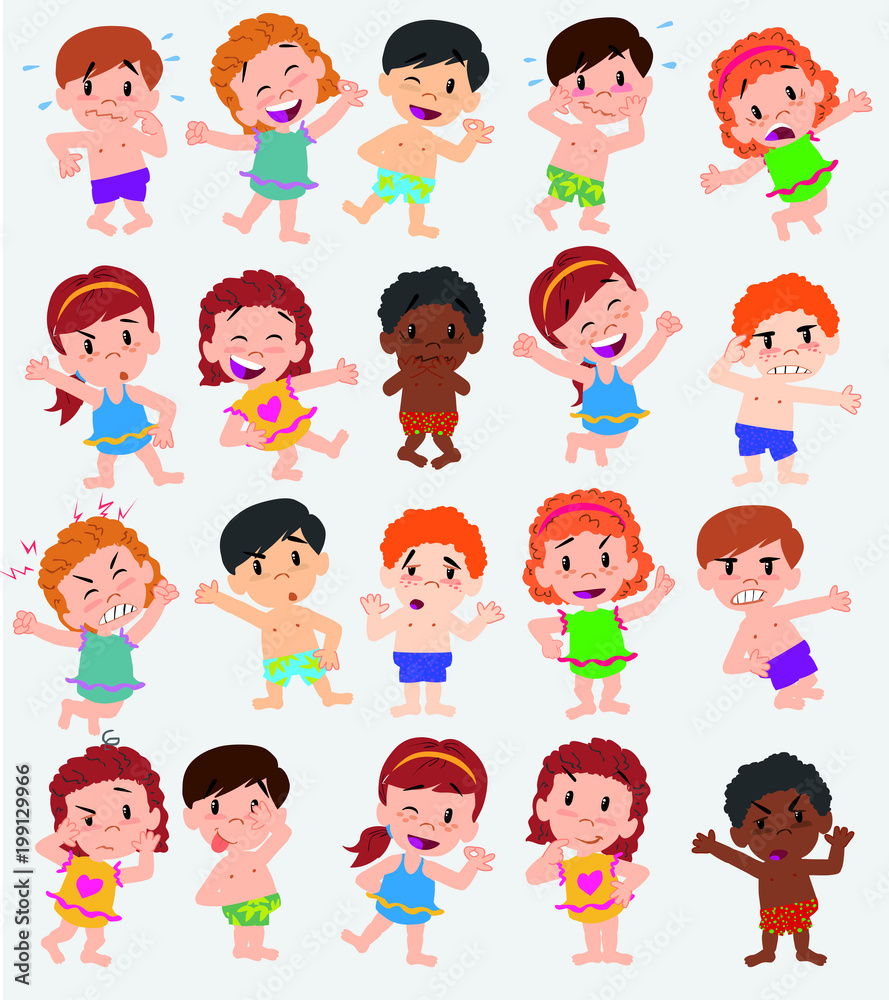 Cartoon character boys and girls in a swimsuit. Set with different postures, attitudes and poses, doing different activities. Vector illustrations. Cartoon character boys and girls in a swimsuit. Set with different postures, attitudes and poses, doing different activities. Vector illustrations.