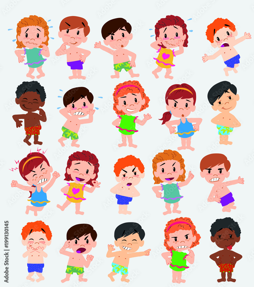 Cartoon character boys and girls in a swimsuit. Set with different postures, attitudes and poses, doing different activities. Vector illustrations. Cartoon character boys and girls in a swimsuit. Set with different postures, attitudes and poses, doing different activities. Vector illustrations.