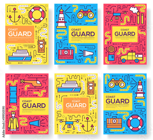 coast guard vector brochure cards thin line set. Guarding the order template of flyear, magazines, posters, book cover, banners. Layout  elements outline illustrations modern pages