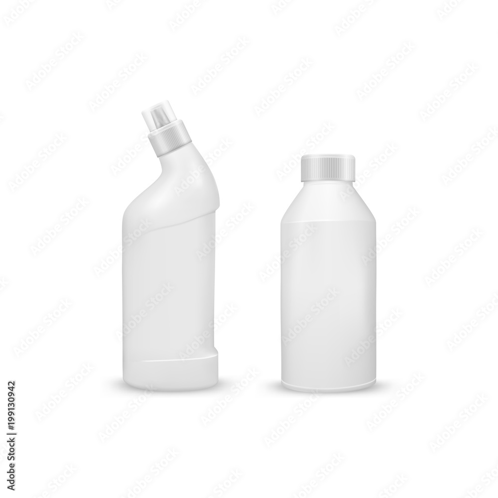 mock up liquid laundry detergent package, realistic set of  blank plastic white bottles. Mockup for brand and package design