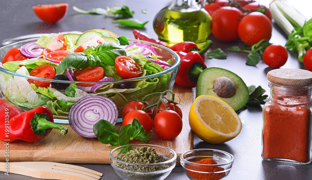 Preparation of a vegetable salad from fresh organic ingredients Preparation of a vegetable salad from fresh organic ingredients