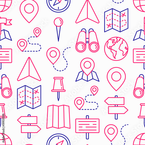 Location seamless pattern with thin line icons: pin, pointer, direction, route, compass, wall needle, cursor, navigation, gps, binoculars. Modern vector illustration.