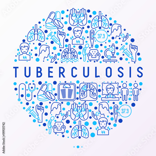 Tuberculosis concept in circle with thin line icons: infection in lungs, x-ray image, dry cough, pain in chest and shoulders, Mantoux test, weight loss. Modern vector illustration for banner.