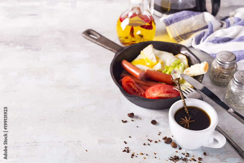 Fresh delicious breakfast with soft boiled egg, crispy toasts and cup coffee Fresh delicious breakfast with soft boiled egg, crispy toasts and cup coffee