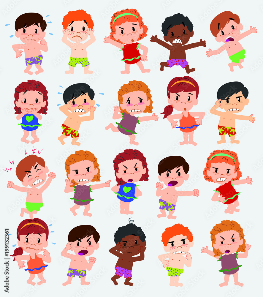 Cartoon character boys and girls in a swimsuit. Set with different postures, attitudes and poses, doing different activities. Vector illustrations. Cartoon character boys and girls in a swimsuit. Set with different postures, attitudes and poses, doing different activities. Vector illustrations.