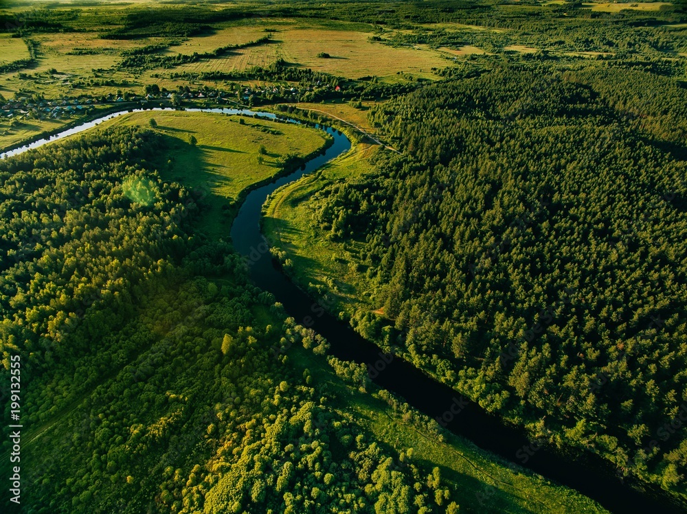Aerial view of the forest river in summer landscape Aerial view of the forest river in summer landscape