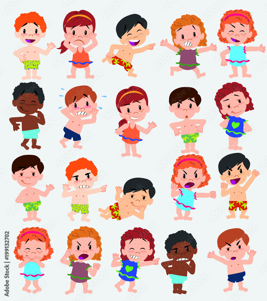 Cartoon character boys and girls in a swimsuit. Set with different postures, attitudes and poses, doing different activities. Vector illustrations. Cartoon character boys and girls in a swimsuit. Set with different postures, attitudes and poses, doing different activities. Vector illustrations.
