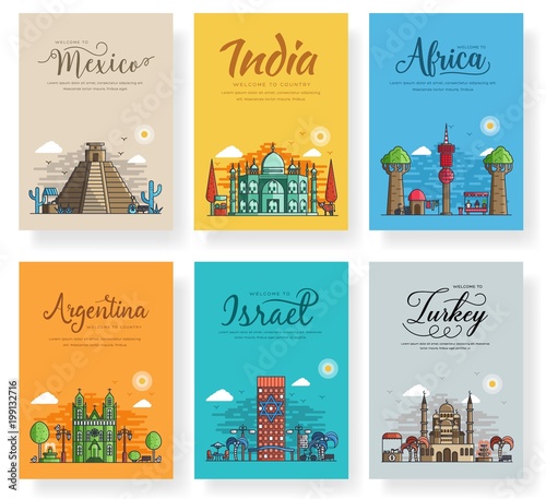 Set of outline different cities for travel destinations. Landmarks banner template of flyer, magazines, posters, book cover, banners. Layout world architectural flat outline modern pages