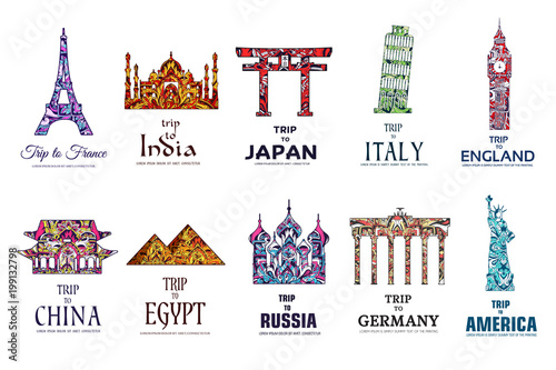 Set of ornamental travel on ethnic floral style design. Architecture art with logo, label. Historical monuments of France, India, Japan, China, Egypt, Russia, England, Italy, USA, Germany, Mexico