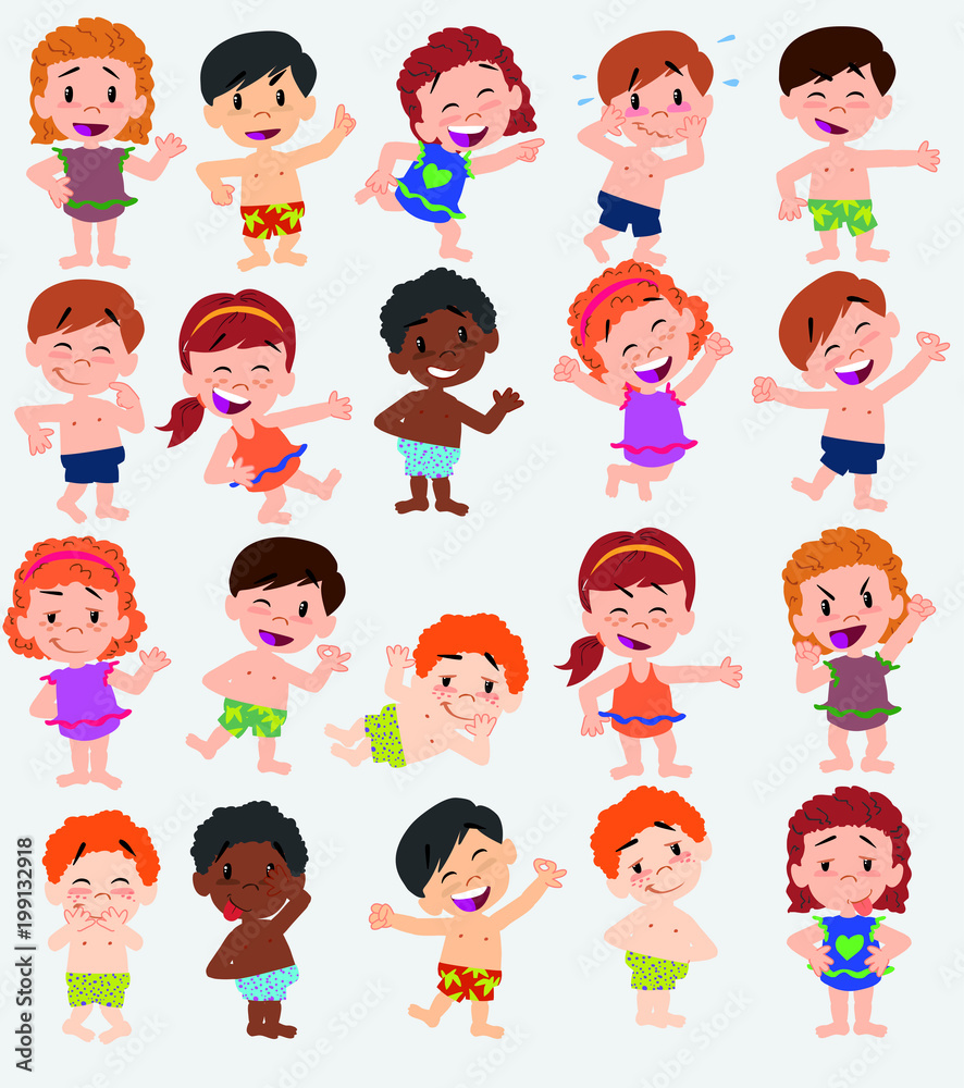 Cartoon character boys and girls in a swimsuit. Set with different postures, attitudes and poses, doing different activities. Vector illustrations. Cartoon character boys and girls in a swimsuit. Set with different postures, attitudes and poses, doing different activities. Vector illustrations.