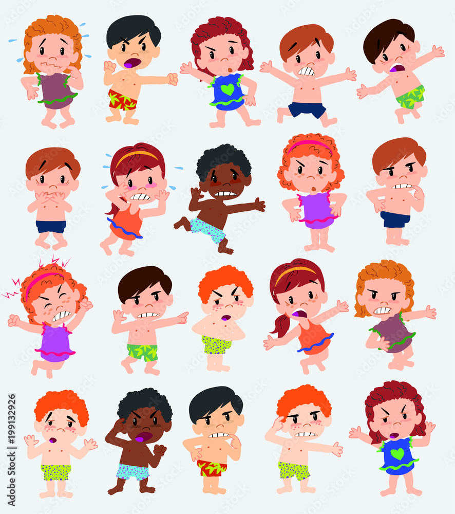 Cartoon character boys and girls in a swimsuit. Set with different postures, attitudes and poses, doing different activities. Vector illustrations. Cartoon character boys and girls in a swimsuit. Set with different postures, attitudes and poses, doing different activities. Vector illustrations.