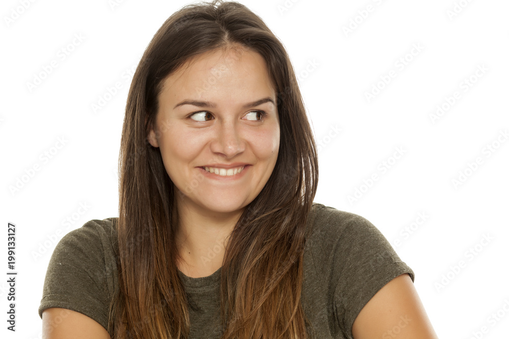 Beautiful smiling woman without makeup on white background Beautiful smiling woman without makeup on white background