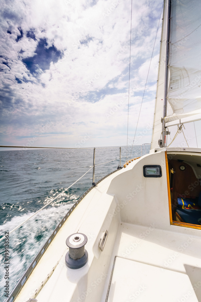 Sailboat deck and seascape Sailboat deck and seascape