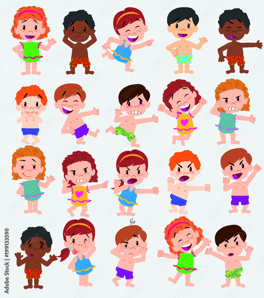 Cartoon character boys and girls in a swimsuit. Set with different postures, attitudes and poses, doing different activities. Vector illustrations. Cartoon character boys and girls in a swimsuit. Set with different postures, attitudes and poses, doing different activities. Vector illustrations.