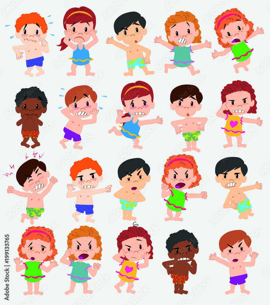 Cartoon character boys and girls in a swimsuit. Set with different postures, attitudes and poses, doing different activities. Vector illustrations. Cartoon character boys and girls in a swimsuit. Set with different postures, attitudes and poses, doing different activities. Vector illustrations.
