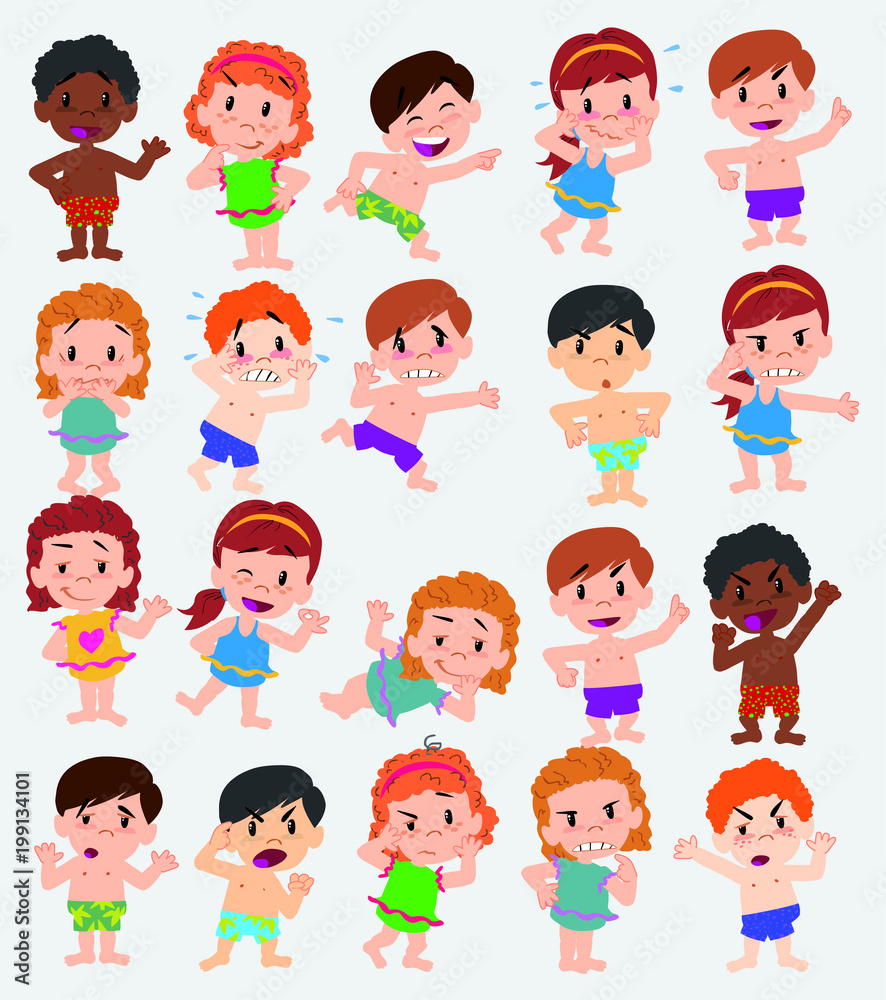 Cartoon character boys and girls in a swimsuit. Set with different postures, attitudes and poses, doing different activities. Vector illustrations. Cartoon character boys and girls in a swimsuit. Set with different postures, attitudes and poses, doing different activities. Vector illustrations.