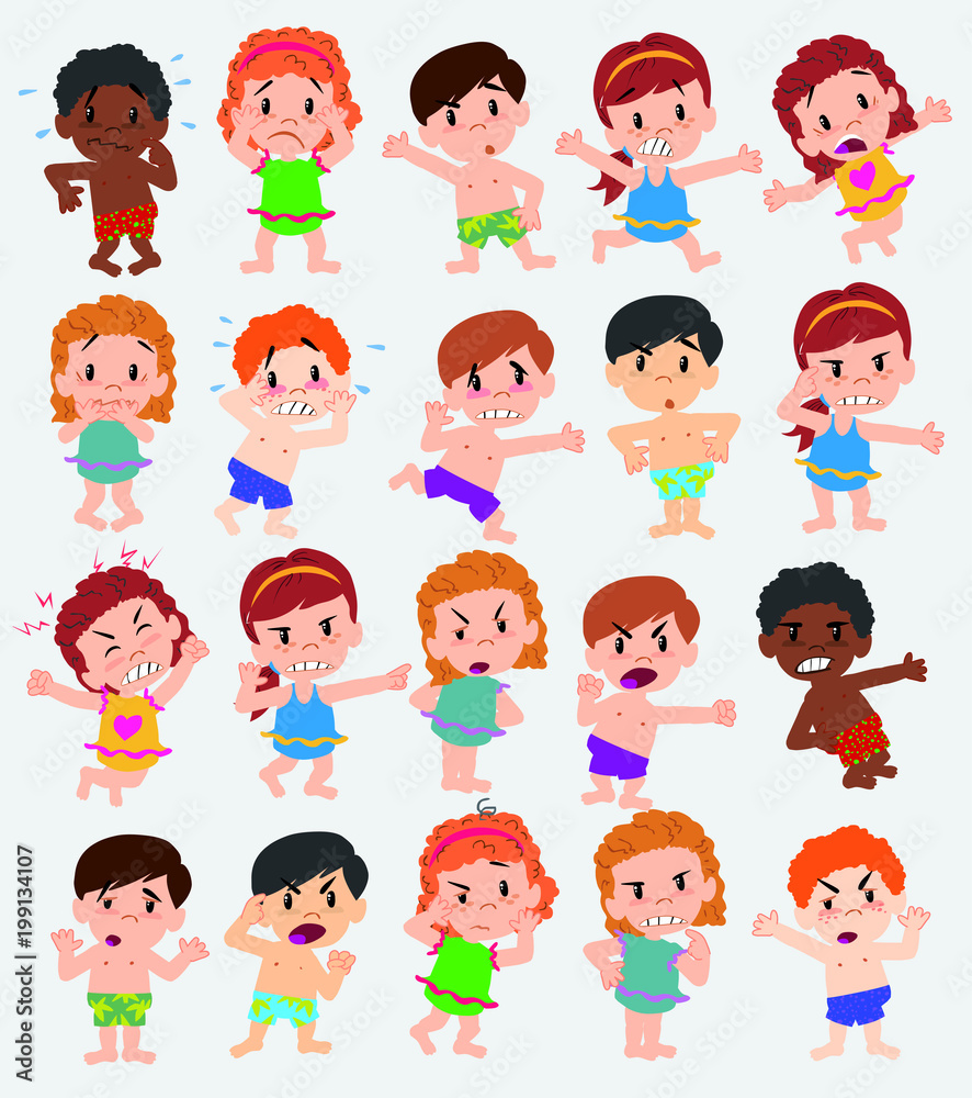 Cartoon character boys and girls in a swimsuit. Set with different postures, attitudes and poses, doing different activities. Vector illustrations. Cartoon character boys and girls in a swimsuit. Set with different postures, attitudes and poses, doing different activities. Vector illustrations.