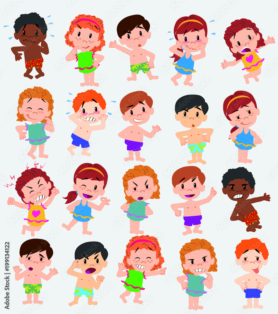 Cartoon character boys and girls in a swimsuit. Set with different postures, attitudes and poses, doing different activities. Vector illustrations. Cartoon character boys and girls in a swimsuit. Set with different postures, attitudes and poses, doing different activities. Vector illustrations.