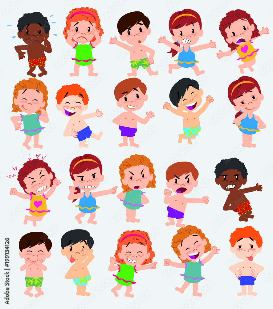 Cartoon character boys and girls in a swimsuit. Set with different postures, attitudes and poses, doing different activities. Vector illustrations. Cartoon character boys and girls in a swimsuit. Set with different postures, attitudes and poses, doing different activities. Vector illustrations.