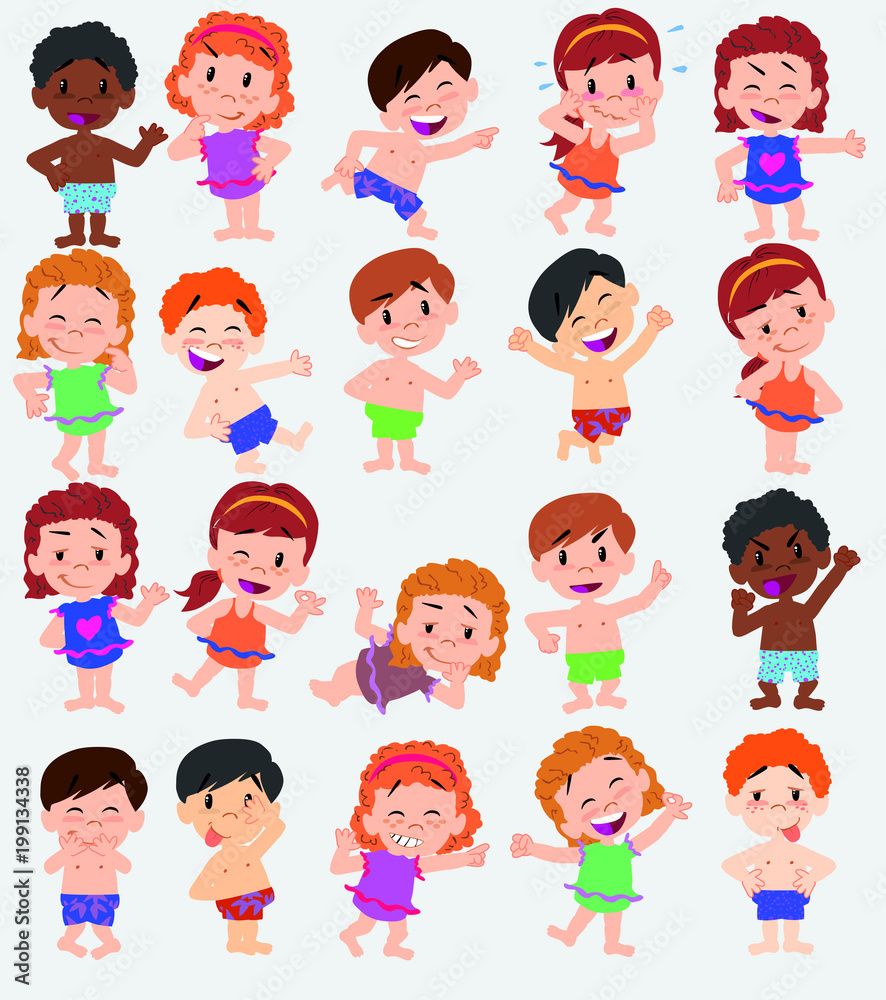 Cartoon character boys and girls in a swimsuit. Set with different postures, attitudes and poses, doing different activities. Vector illustrations. Cartoon character boys and girls in a swimsuit. Set with different postures, attitudes and poses, doing different activities. Vector illustrations.