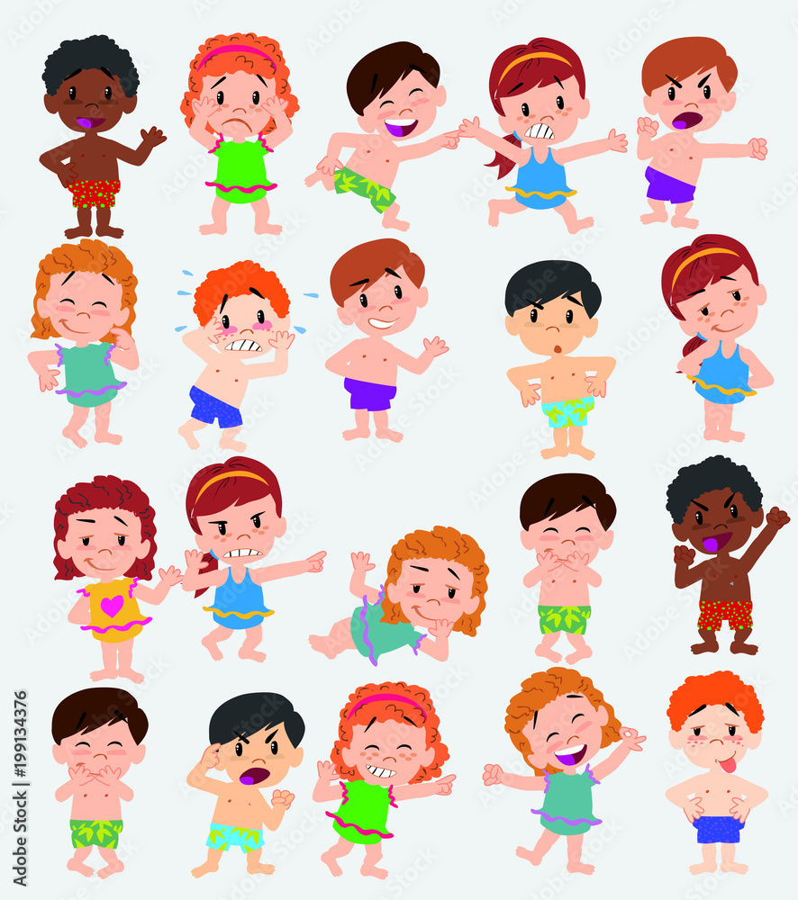 Cartoon character boys and girls in a swimsuit. Set with different postures, attitudes and poses, doing different activities. Vector illustrations. Cartoon character boys and girls in a swimsuit. Set with different postures, attitudes and poses, doing different activities. Vector illustrations.